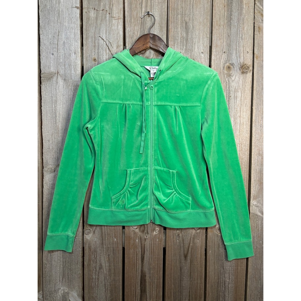 Lilly Pulitzer Green Velour Zip Up Hoodie Sweatshirt Palm Tree Small